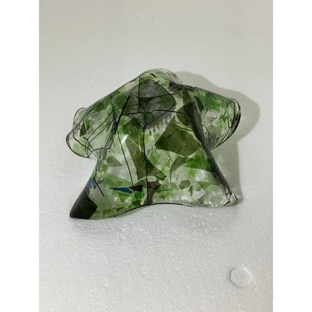 Folded  Hankerchif Clear W/ Blue‎ Green Glass / Votive Holder / With Flower Frog